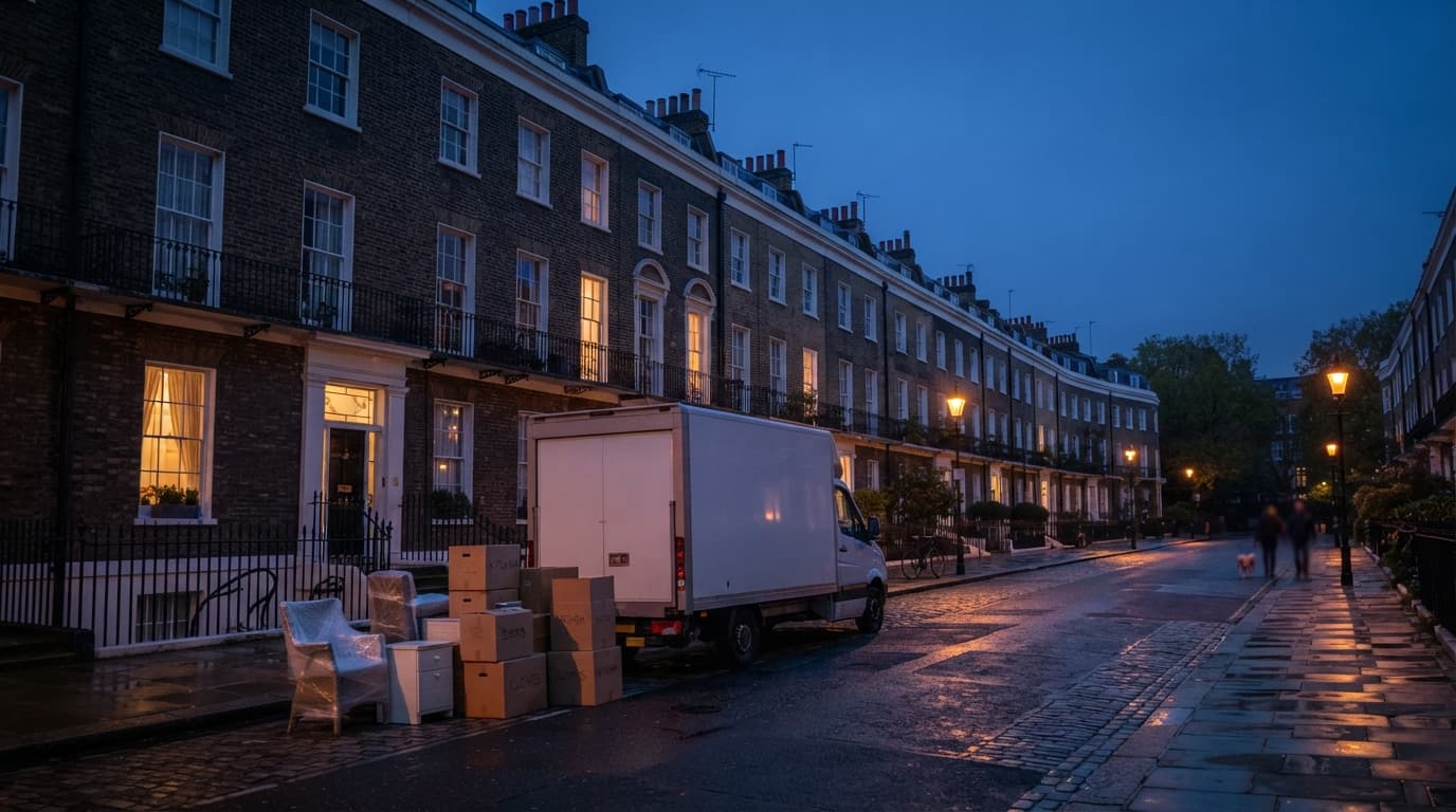 Man and van in Leeds loading a white removals van with boxes on a red-brick terraced street